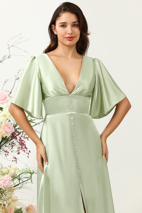 A Line Deep V Neck Light Green Wedding Guest Dress with Half Sleeves Online now