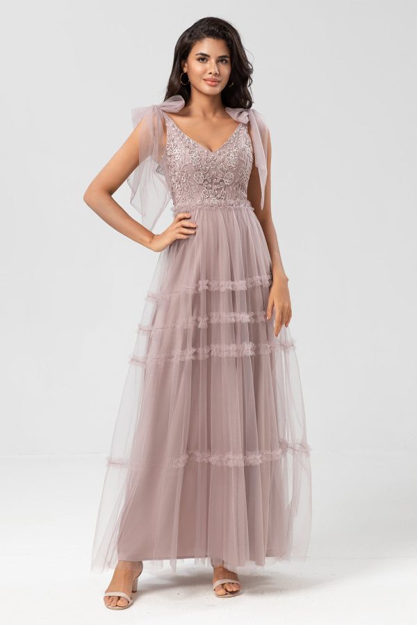 Keeper of My Heart A-Line V Neck Dusty Pink Long Bridesmaid Dress with Beading Cheap