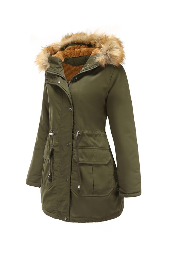 Army Green Fur Collar Drawstring Waist Thickened Mid Coat Cheap