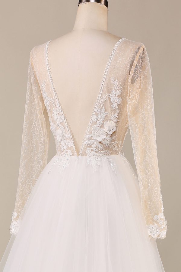 A Line Deep V-Neck Ivory Tulle Sweep Train Wedding Dress with Lace For Cheap