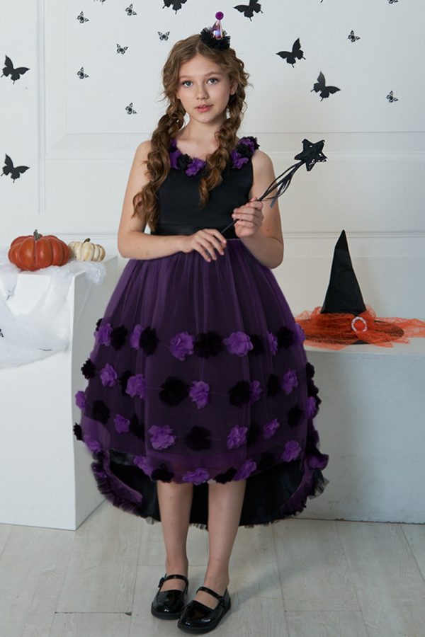 Dark Purple High Low Tulle Halloween Girl Dress With 3D Flower Sale