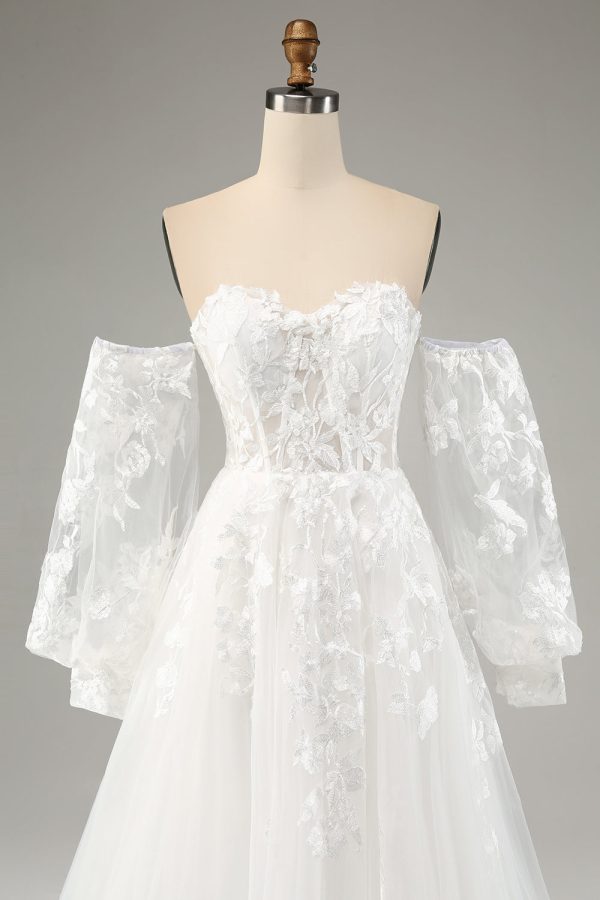 White A Line Tulle Long Sleeves Wedding Dress with Appliques Lace on Sale