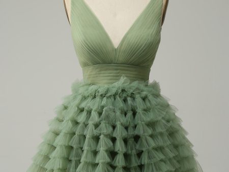 Green Tulle V-Neck Short Homecoming Dress With Open Back Online Hot Sale