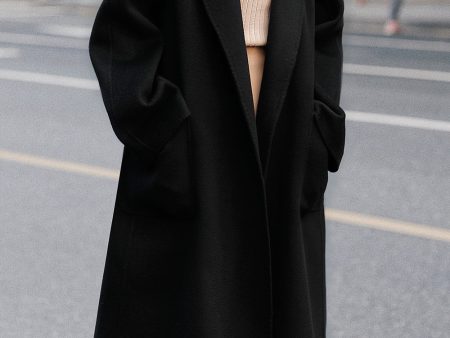 Black Lapel Neck Belted Wool Coat With Pockets on Sale