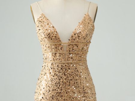 Unique Sparkly Golden Tight Spaghetti Strap Short Homecoming Dress with Sequins Online now