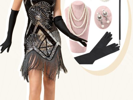 Silver Fringed Sequins Glitter Flapper Dress with 20s Accessories Set Online Sale