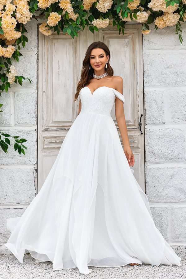 Elegant A Line Off the Shoulder Ivory Chiffon Wedding Dress with Lace Online