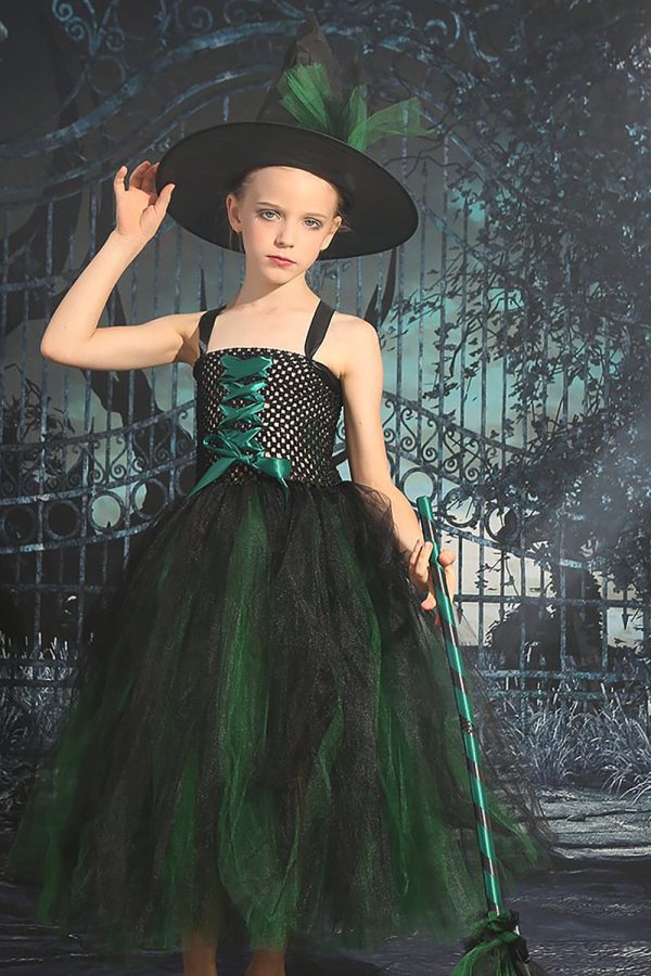 Dark Green Lace-Up Front Tulle Halloween Girl Dress Online Hot Sale