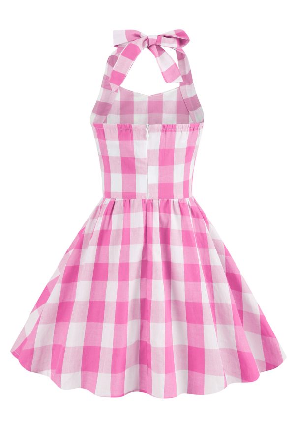 Halter Plaid Sleeveless Pink Vintage Girl Dresses For Sale