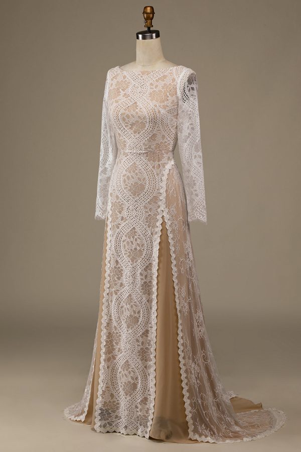 Champagne Long Sleeves Lace Sweep Train Wedding Dress Online