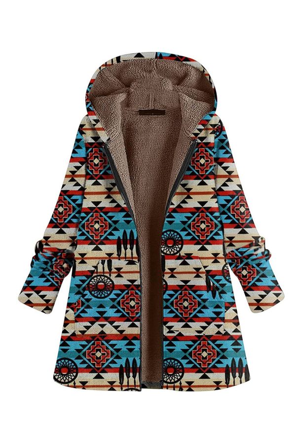 Navy Fleece Hooded Long Sleeves Printed Women Christmas Coat For Discount