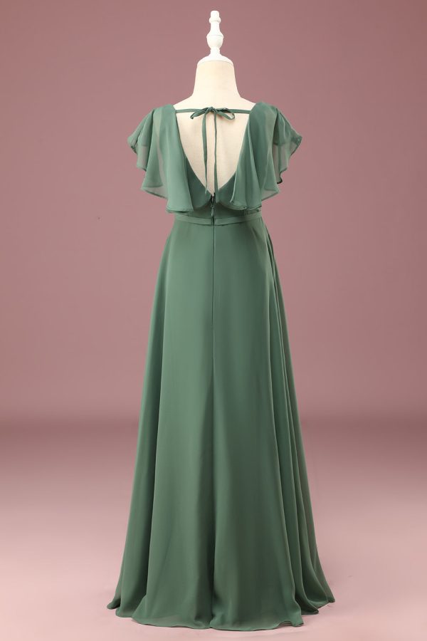 A-line Eucalyptus Chiffon Long Cap Sleeve Junior Bridesmaid Dress For Cheap