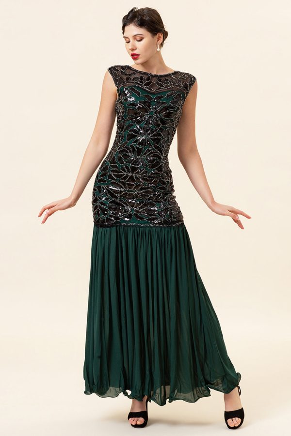 Green Beading Long Flapper Dress with 1920s Accessories Set Supply