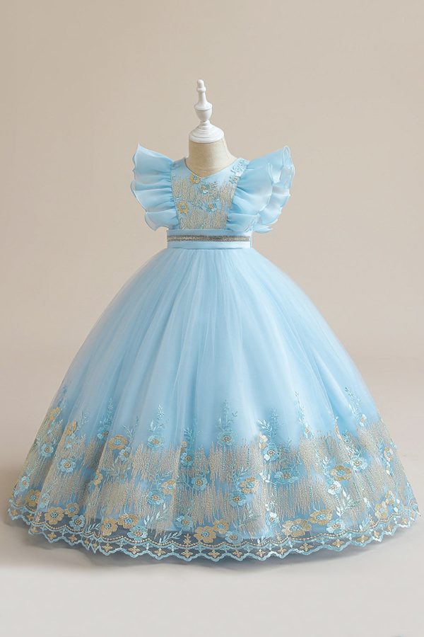 Blue A Line Tulle Girl Dress with Embroidery Supply