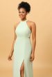 A Line Halter Dusty Sage Long Bridesmaid Dress with Open Back For Cheap