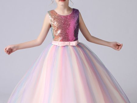 A-Line Sparkly Pink Sequins Kids Girls  Dress with Bows Cheap