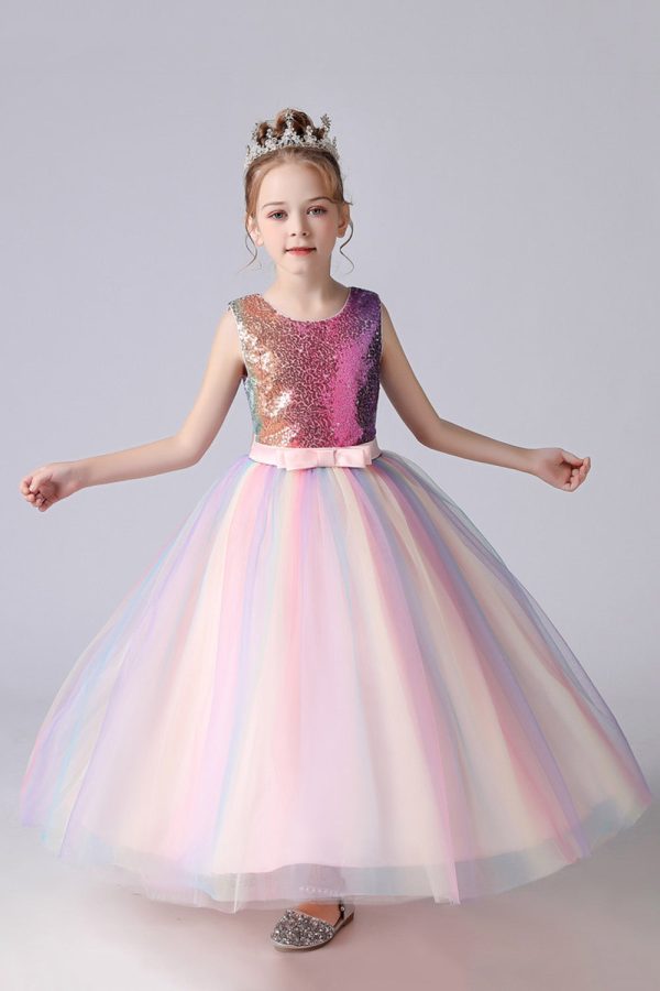 A-Line Sparkly Pink Sequins Kids Girls  Dress with Bows Cheap