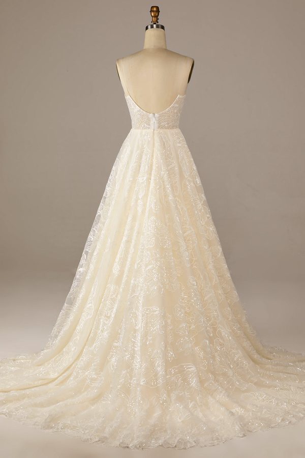 Sparkly Apricot Sweep Train Lace Wedding Dress Hot on Sale