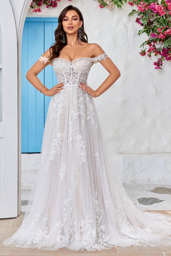 Detachable Off the Shoulder Corset Tulle A Line Wedding Dress Sale