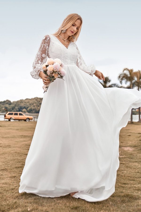 A Line V Neck Ivory Chiffon Sweep Train Boho Wedding Dress with Lace Discount