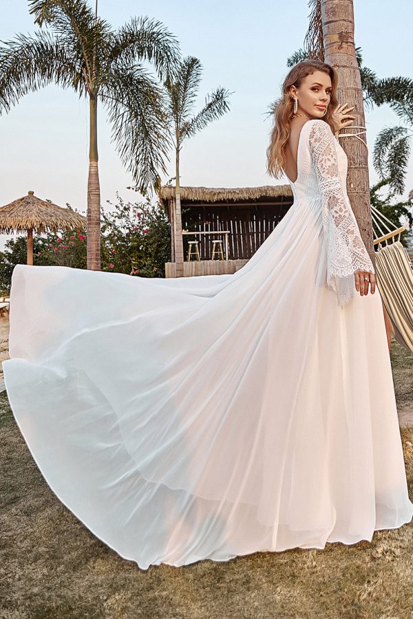 Ivory Lace Chiffon Trumpet Sleeve Boho Wedding Dress Fashion