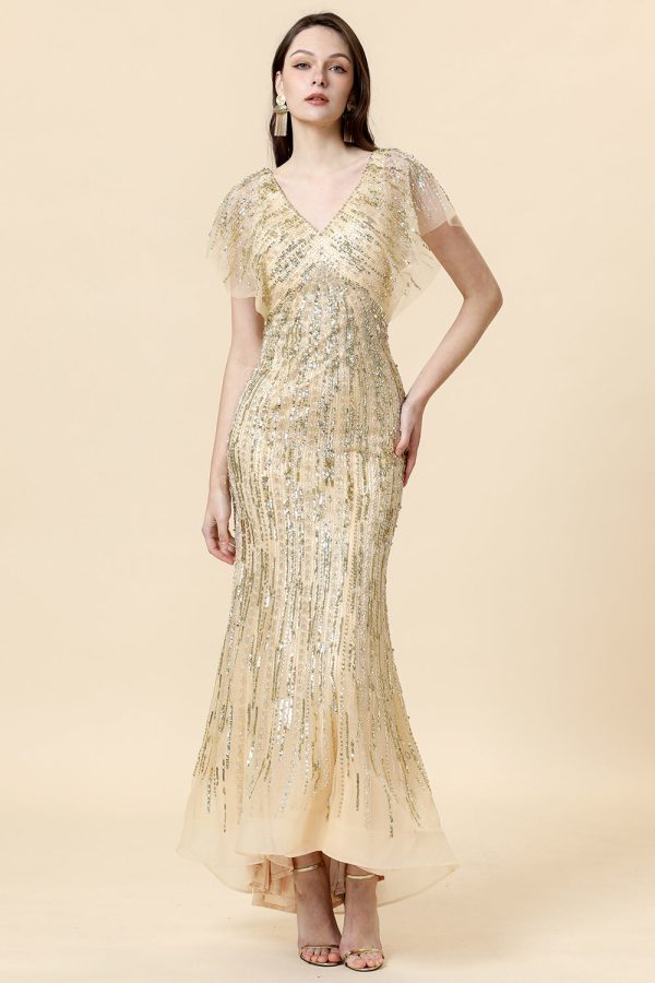 Mermaid V Neck Golden Beaded Long Formal Dress Discount