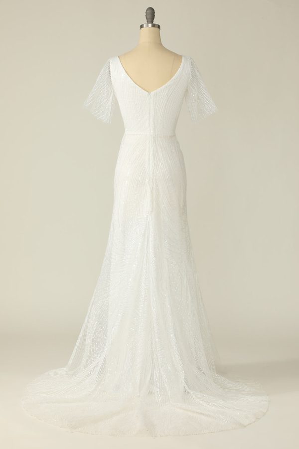 White V Neck Lace Wedding Dress Online