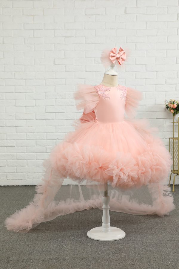 Pink High-low Tulle Flower Girl Dress with Bow For Cheap