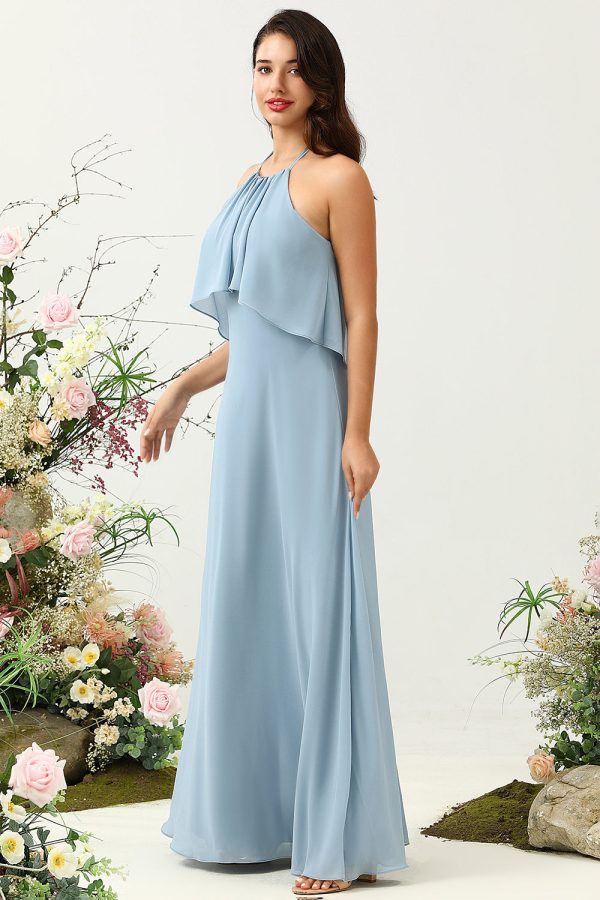 A Line Halter Neck Blue Long Bridesmaid Dress For Cheap