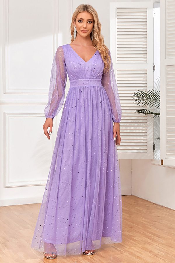 A-Line Long Sleeves Lilac Formal Dress with Slit Cheap