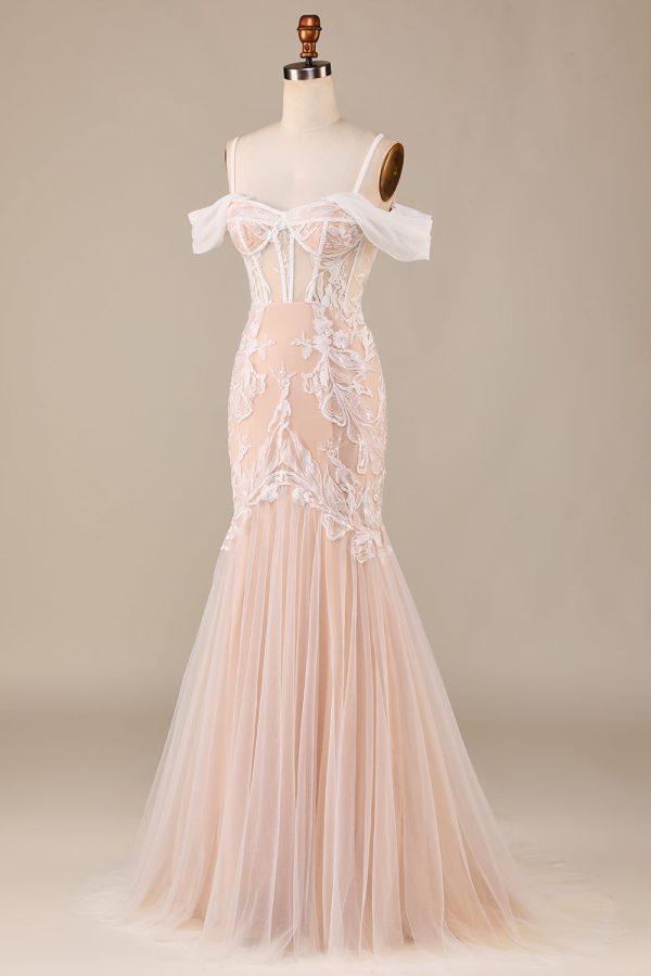 Champagne Mermaid Long Wedding Dress with Lace Hot on Sale