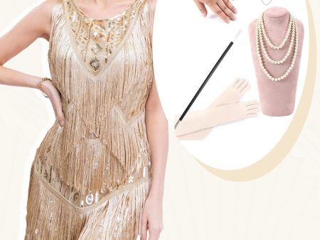 Apricot Fringed 1920s Gatsby Dress with Sequins with 20s Accessories Set Discount