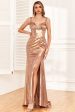 Golden Ruffles Corset Metallic Long Formal Dress with Slit Fashion