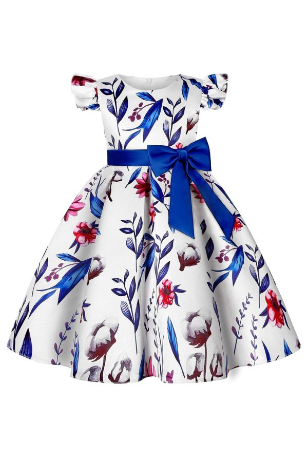 Blue Puff Sleeves Girls  Party Dress with Bowknot Fashion