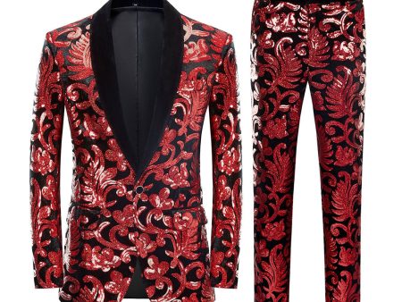 Red Sequins Floral Pattern Men s 2 Pieces Suits Online Hot Sale