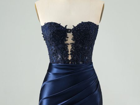 Unique Sparkly Navy Bodycon Strapless Hollow Out Homecoming Dress with Lace on Sale