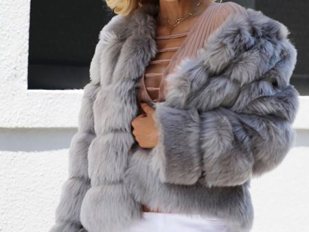 Grey Fluffy Cropeed Shawl Lapel Faux Fur Shearling Coat Online now