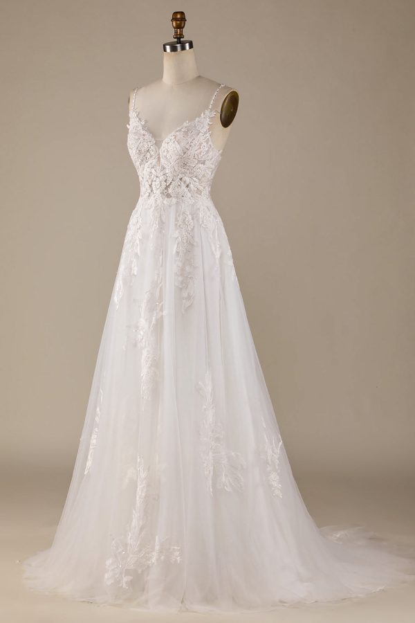 Ivory A-Line Tulle Criss-Cross Straps Back Wedding Dress For Sale