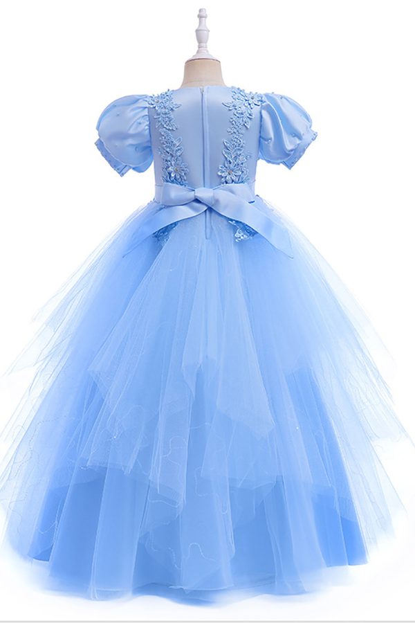 Tulle Puff Sleeves Light Blue Flower Girl Dress with Appliques Cheap