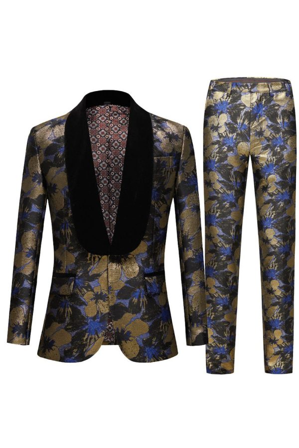 Blue Jacquard Shawl Lapel Men s 2 Piece Prom Suits Online Hot Sale