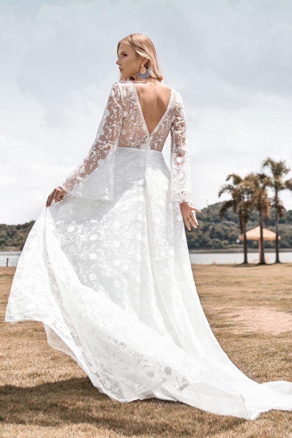 Beauty A Line V Neck Ivory Lace Flare Sleeves Wedding Dress on Sale