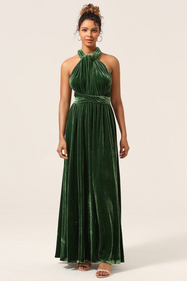 Elegant A Line V Neck Dark Green Covertible Wear Velvet Long Bridesmaid Dress For Cheap