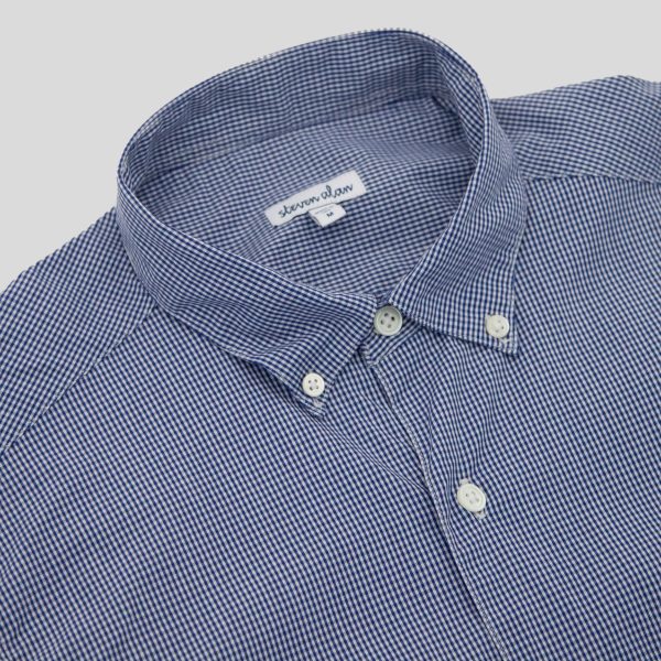 Short Sleeve Single Needle Shirt, Micro Gingham Blue Hot on Sale