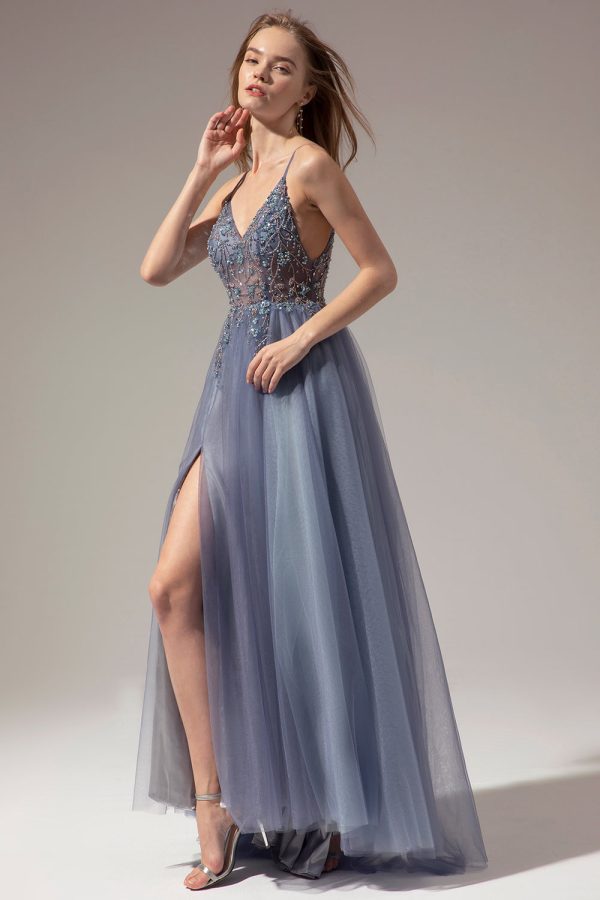 Grey Blue A Line Spaghetti Straps Long Prom Dress With Slit Cheap