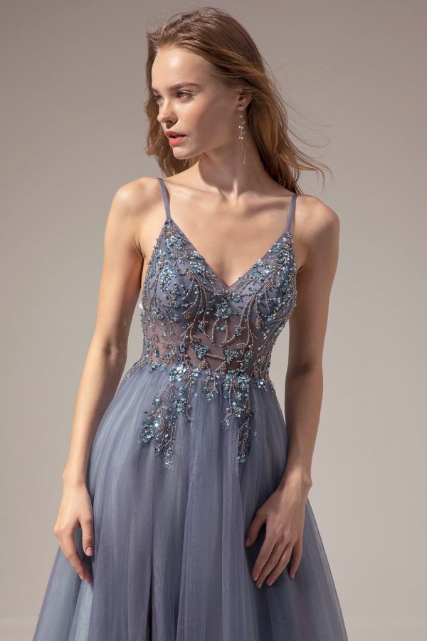 Grey Blue A Line Spaghetti Straps Long Prom Dress With Slit Cheap