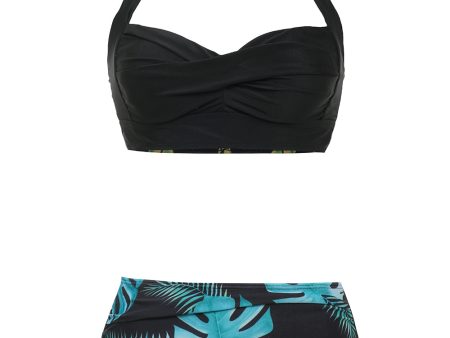 Black Green Leaves Two Pieces Bikini Sale