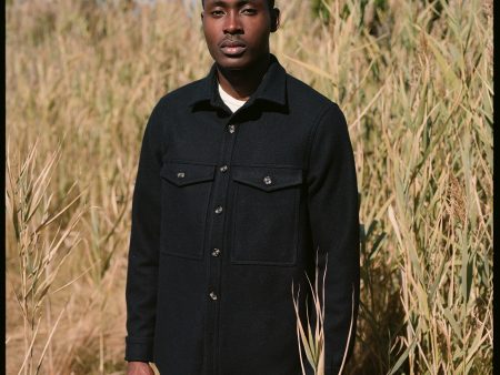 Double Pocket Shirt Jacket, Black Melton Wool Discount